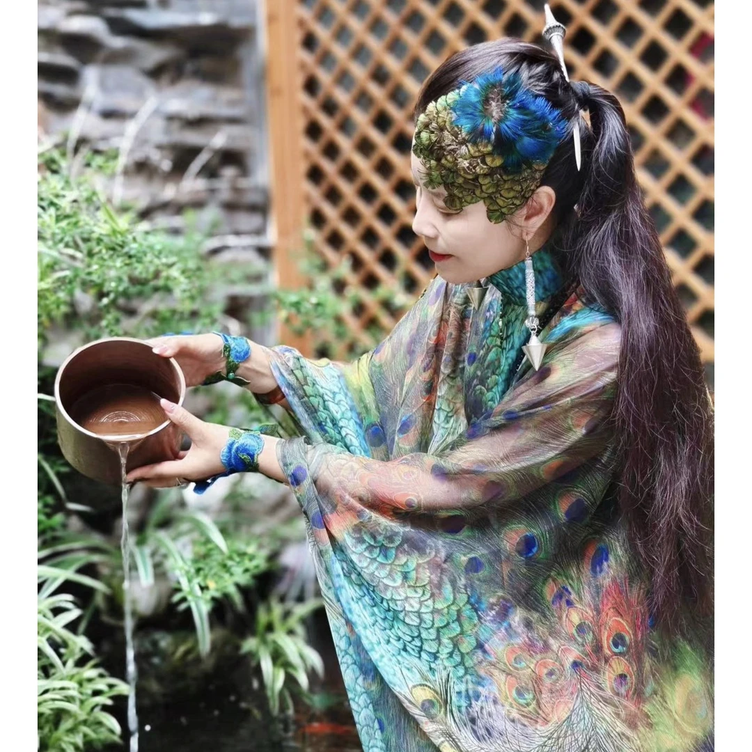 锦秀儿原创孔雀印花透亮雪纺纱层叠水袖防晒民族风定制连衣裙袍子