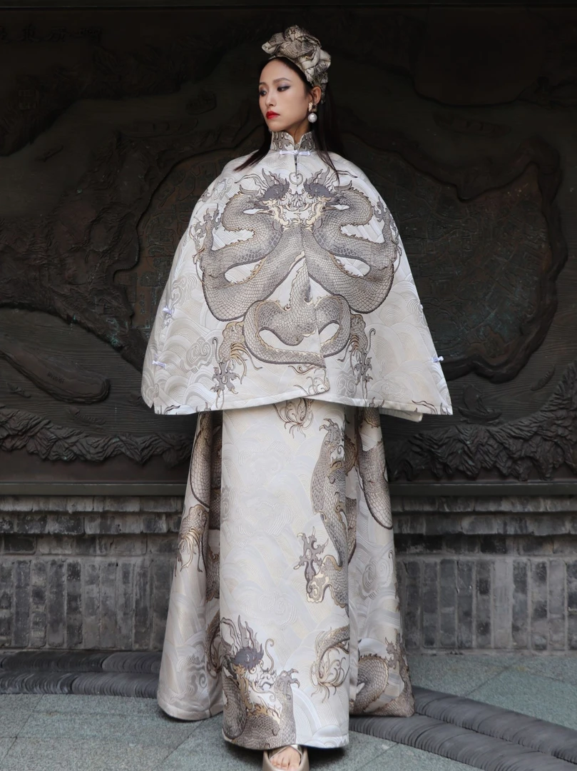锦秀儿原创银龙织锦中式立领民族风披肩斗篷龙纹A字半裙国风套装