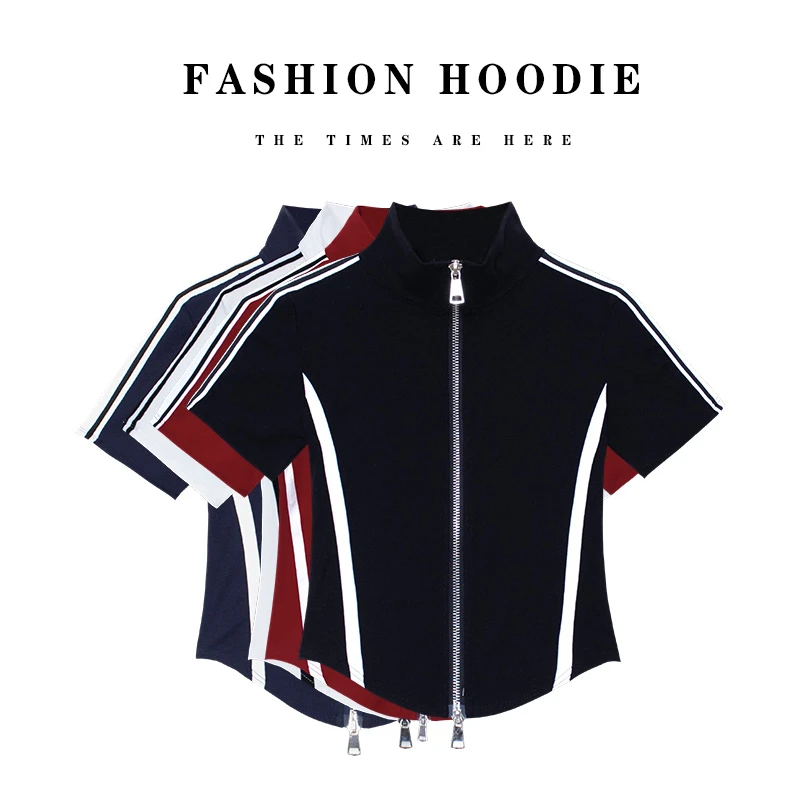 运动风立领拉链短款t恤女2025夏季新款修身显瘦时尚撞色短袖上衣