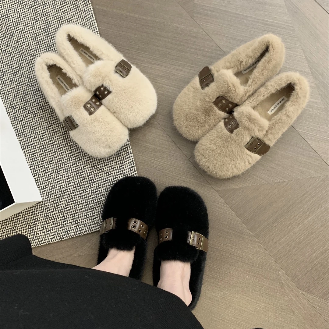 皮带扣毛毛鞋女外穿2023冬季新款仙女风一脚蹬豆豆鞋平底加绒棉鞋