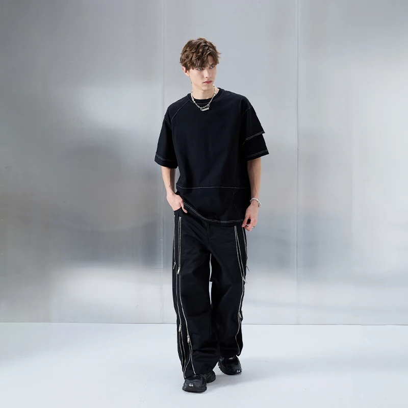 ADLL春夏季新款双头侧拉链直筒黑色休闲裤潮牌男女百搭设计感1007