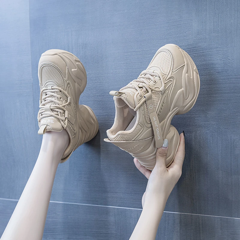 网面透气内增高8cm老爹鞋小白鞋女鞋2023年春夏季松糕8807-1