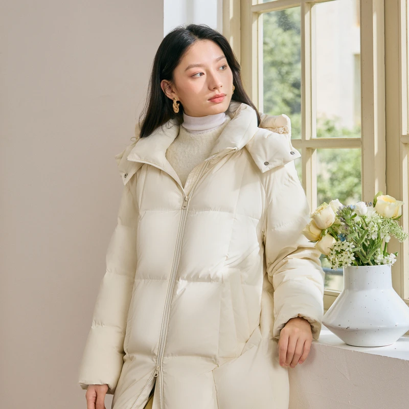 波司登冬季女士简约加厚羽绒服过膝连帽外套保暖中长款休闲5914DY