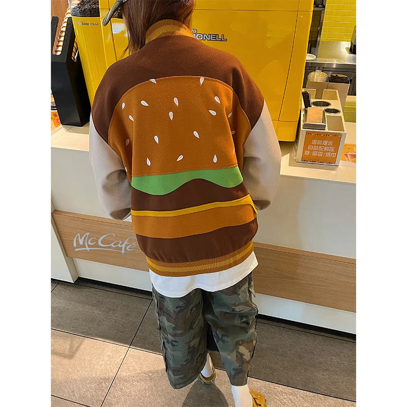 NELY小尼力美式街头汉堡薯条棒球服男女潮牌外套宽松情侣夹克