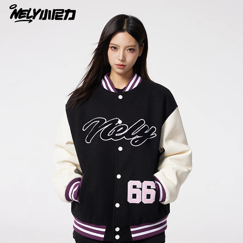 NELY小尼力美式潮牌街头字母毛巾刺绣棒球服夹克男女秋冬情侣外套