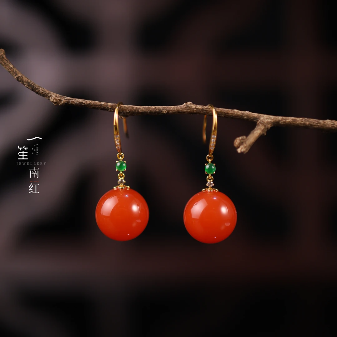 【一笙珠宝】天然南红冰红圆珠耳钩18k金镶嵌