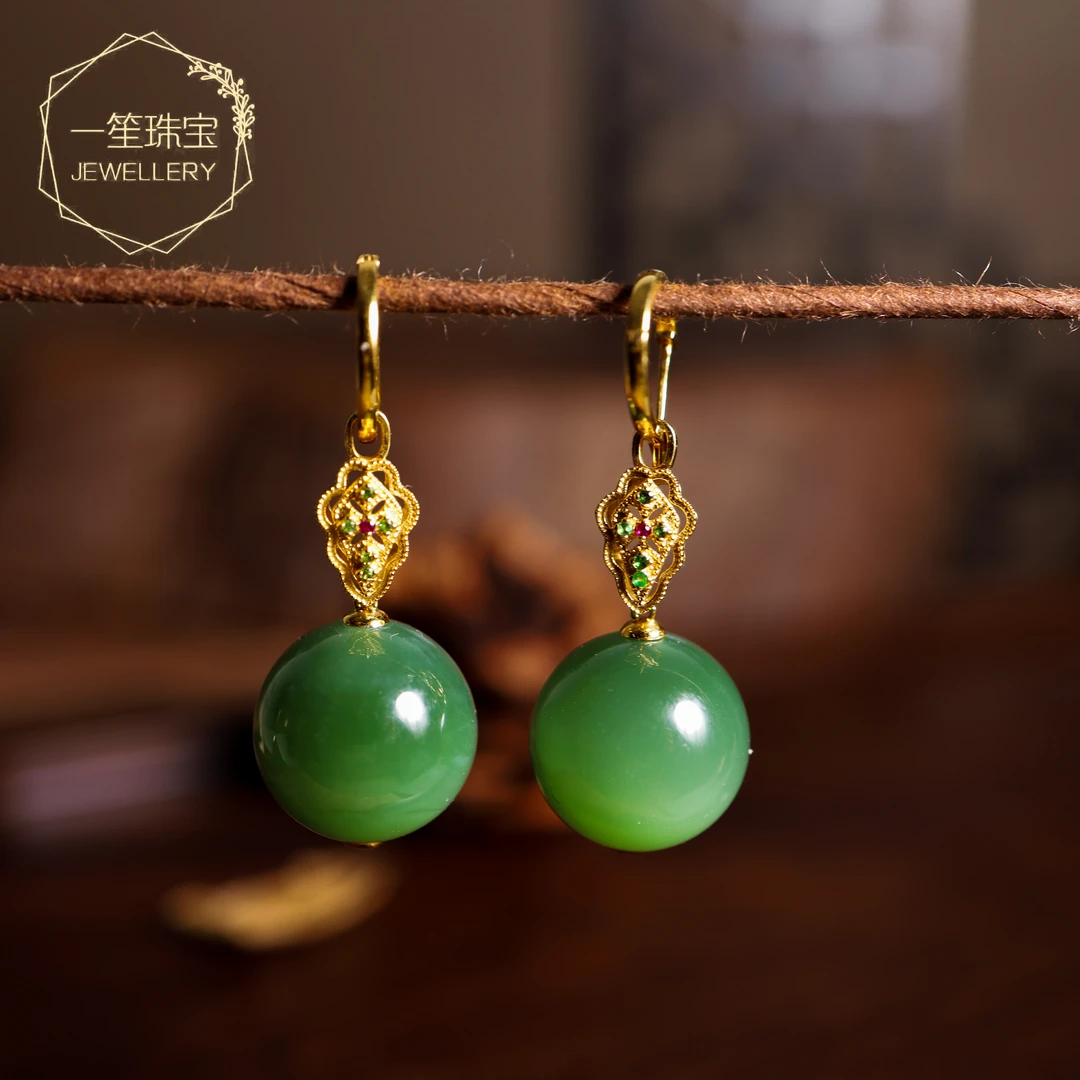 【一笙珠宝】和田玉18K金碧玉猫眼圆珠耳环多用款14mm