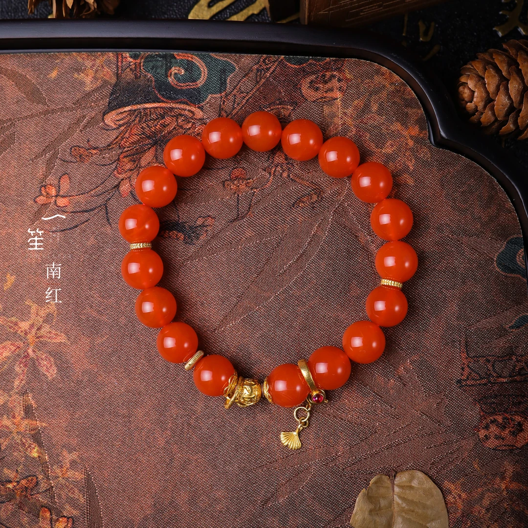【一笙珠宝】天然南红正宫红手串18k金镶嵌南石约20颗约9mm