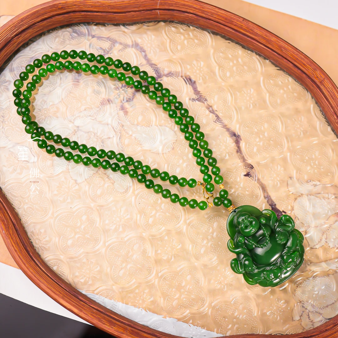 【一笙珠宝】天然和田玉碧玉逍遥佛套链项链18k颈饰珠链