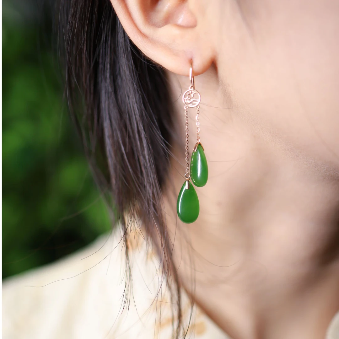 【一笙珠宝】和田玉耳坠18K金镶嵌碧玉水滴耳坠（一对）