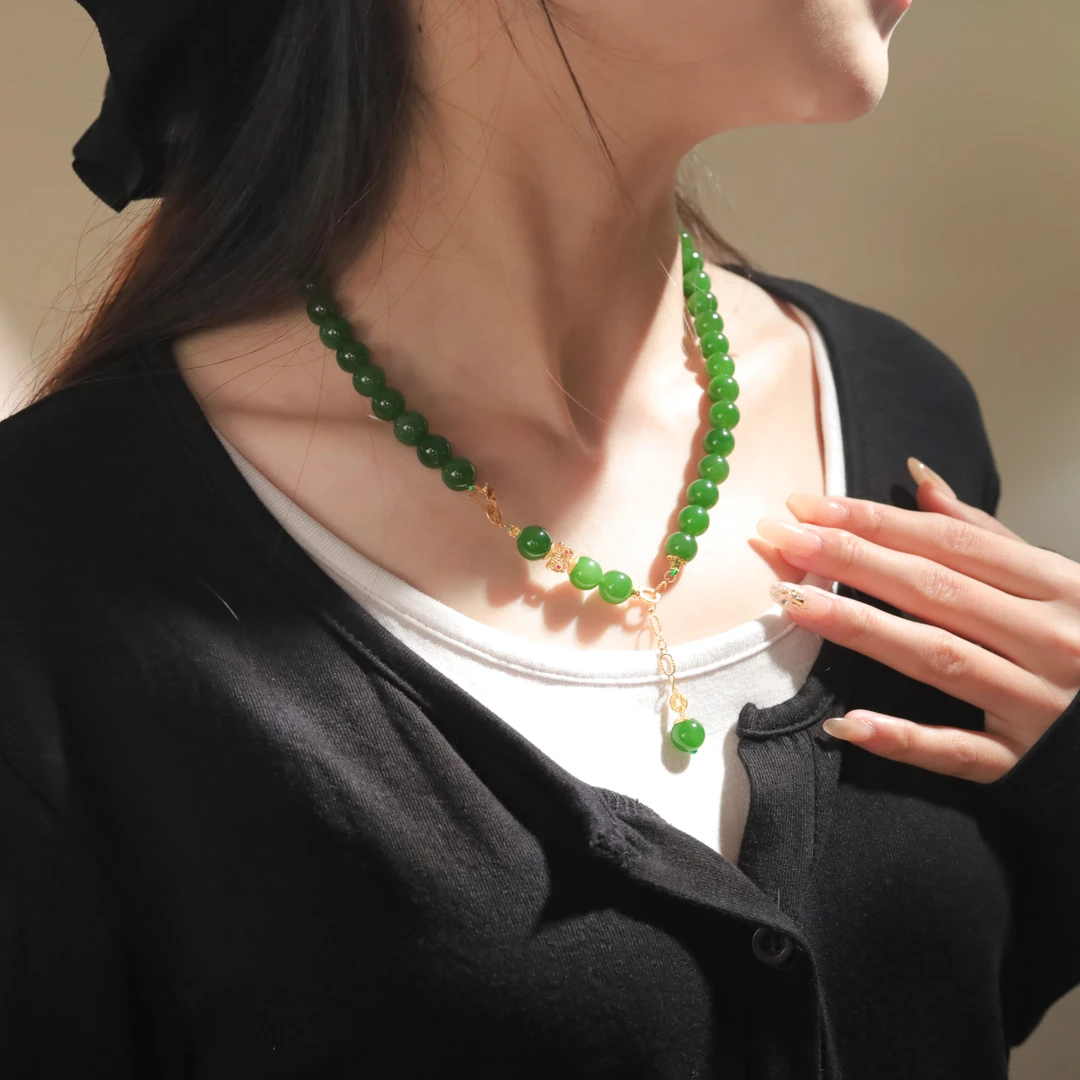 【一笙 · 臻藏】青雨 ·9-10mm收藏级碧玉辣绿项链18k金时尚款约54cm