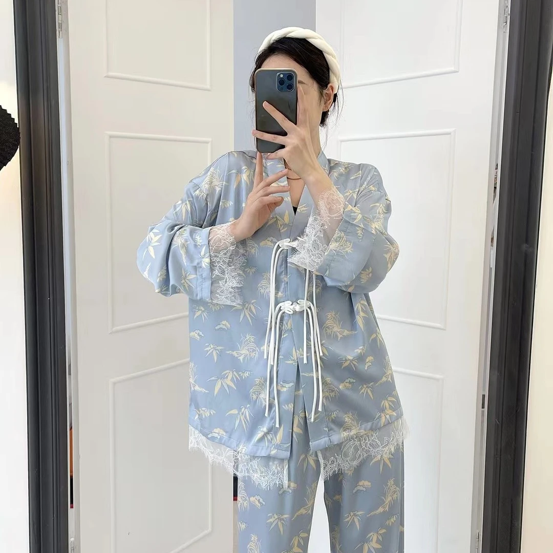 新中式竹中窥落日夏季女士冰丝薄款睡衣可外穿空调家居服两件套