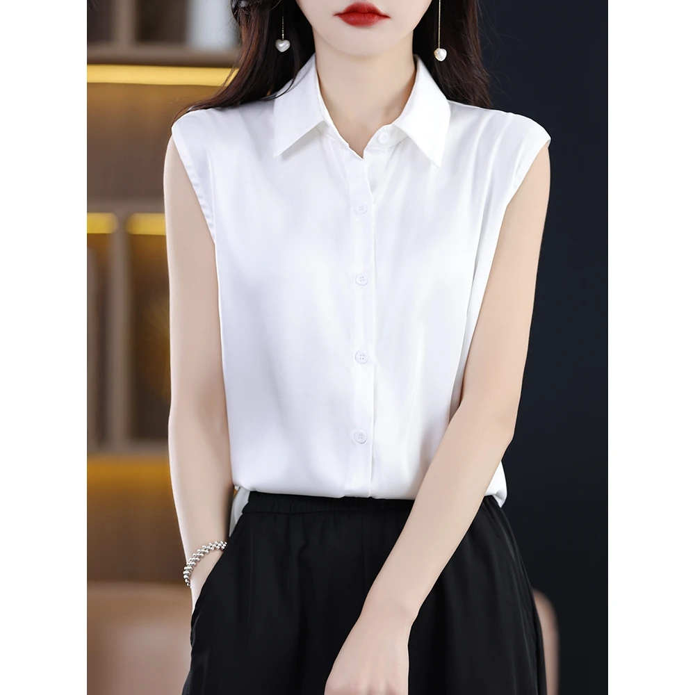 夏高级感醋酸缎面西装内搭无袖衬衫女短袖T恤上衣POLO领背心衬衣