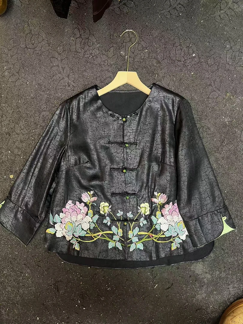 100桑蚕丝秋冬季复古盘扣时尚宽松显瘦百搭外套