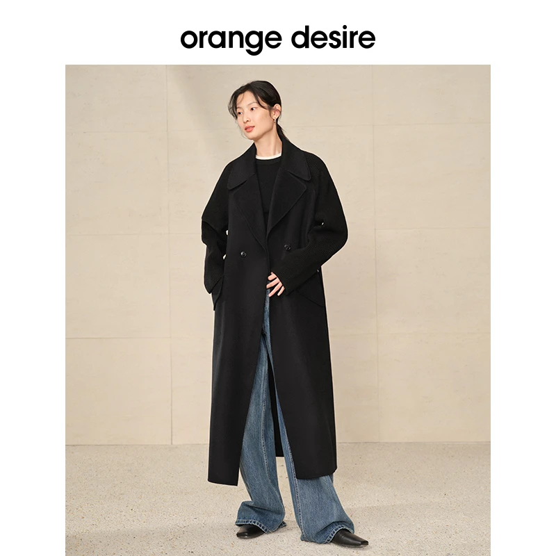 orange desire中长款拼接针织羊毛外套女双面毛呢大衣OD2CWW3025