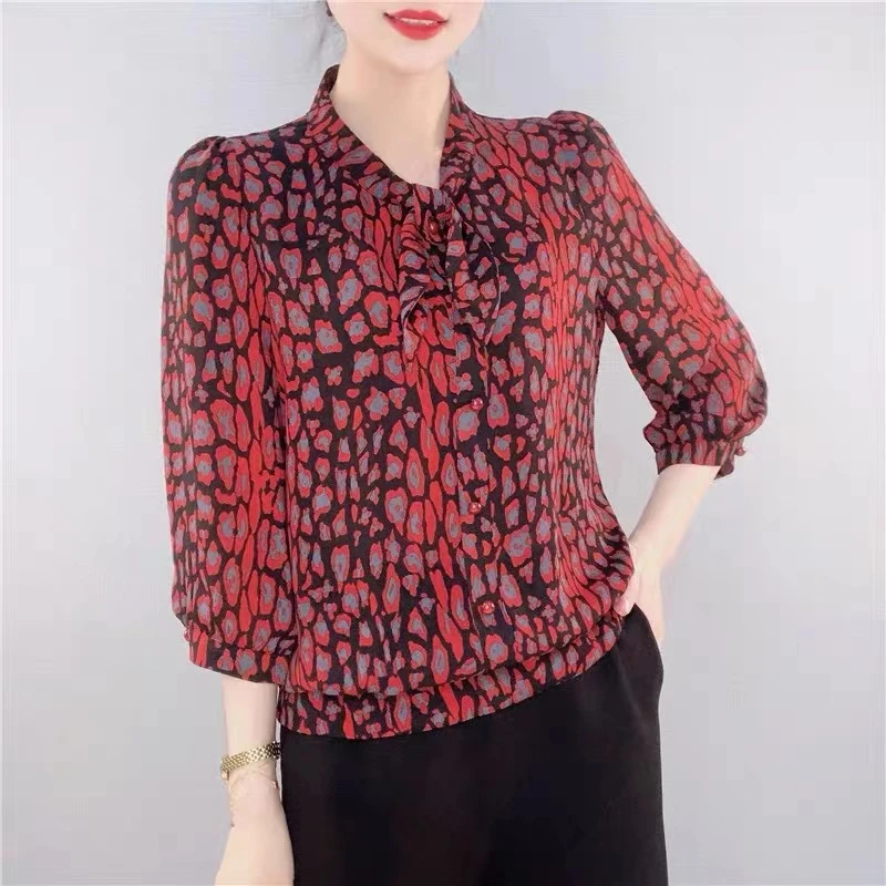 【M019】新款蝴蝶结垂感飘带衬衫上衣印花气质显瘦洋气女士