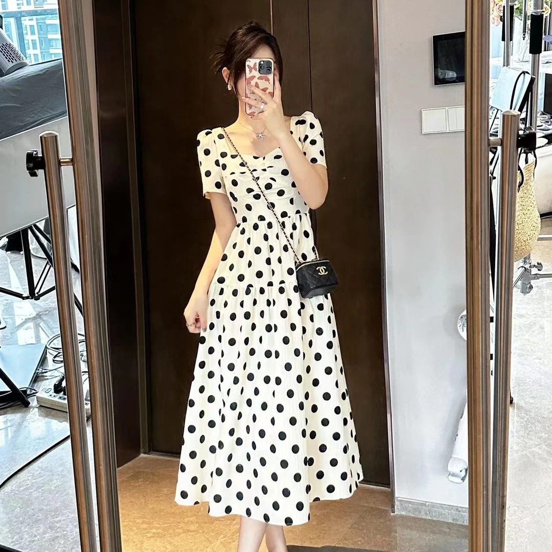 LZY知音D17477F夏季短袖波点连衣裙气质显瘦宽松高腰裙子a字长裙