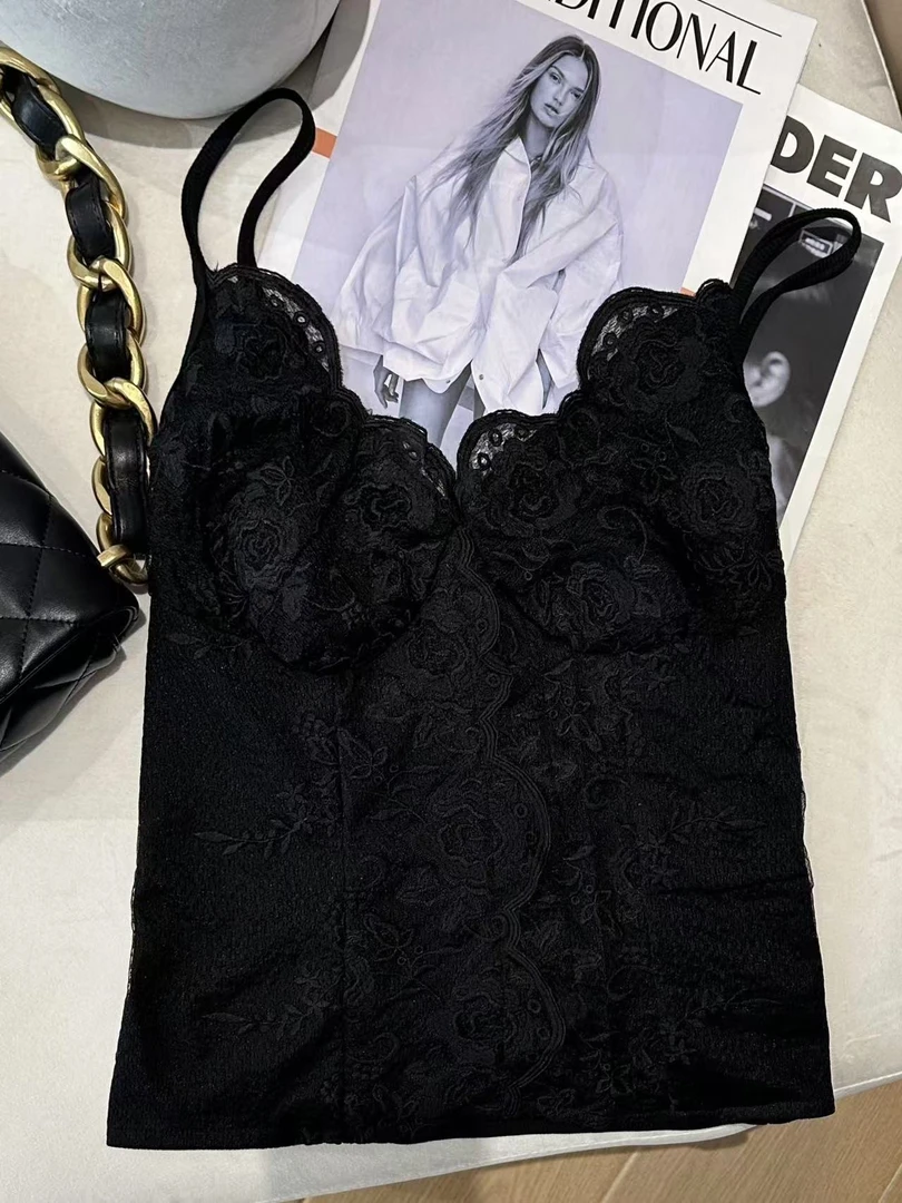 琪琪怪怪大码女装【心动蕾丝】时尚百搭V领叠穿蕾丝吊带T35896QTQ