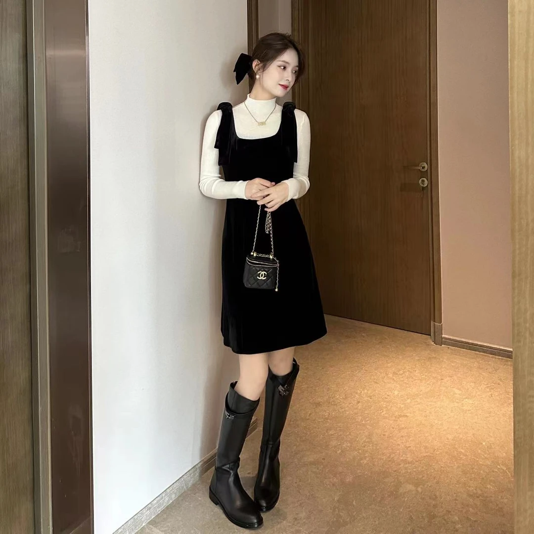 LZY知音D38253F秋冬气质无袖U领小黑裙中长款显瘦连衣裙