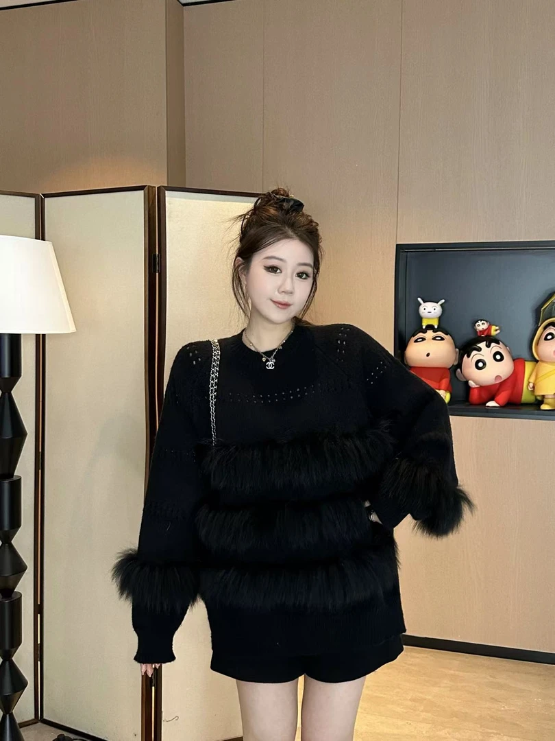 琪琪怪怪大码女装【德鲁纳假日】老钱慵懒风高级拼接毛衣T65860QTQ