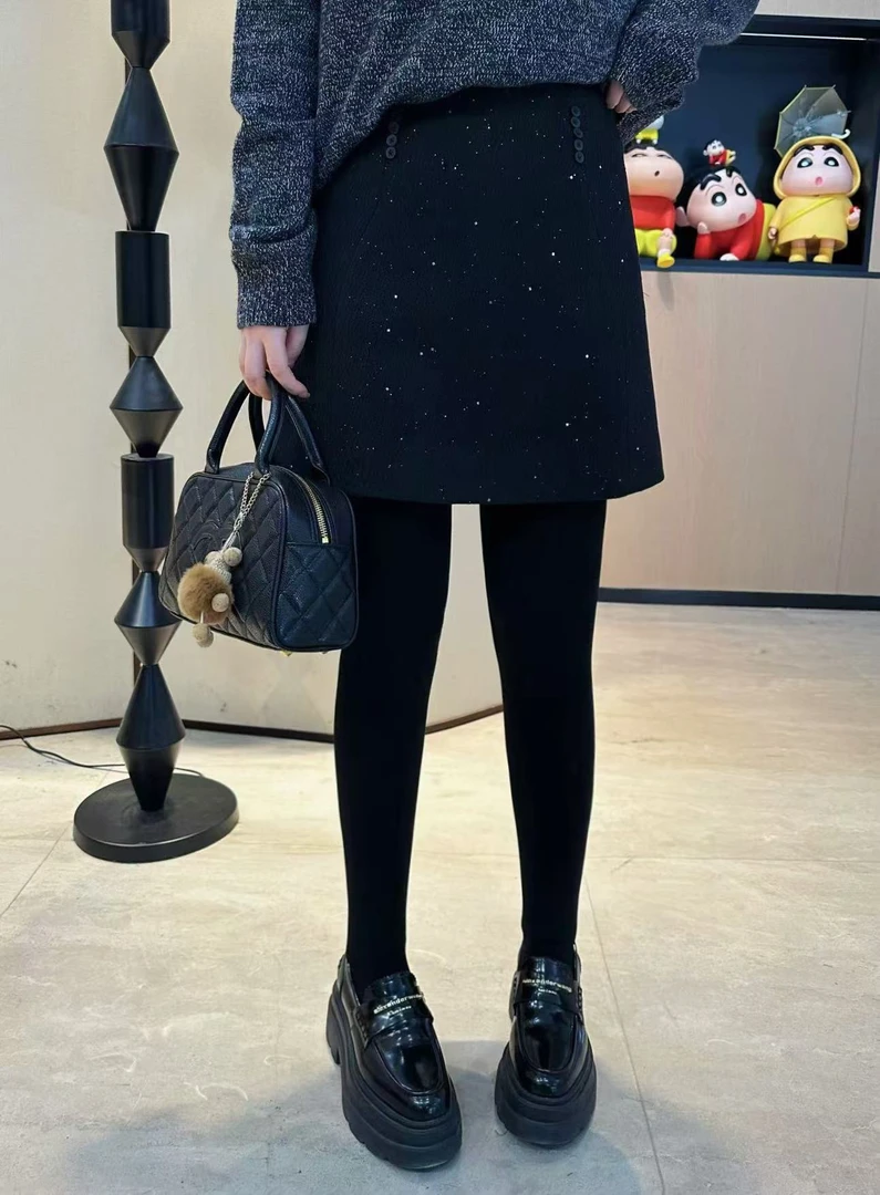 琪琪怪怪大码女装【冬日繁星】秋冬撒银细闪高腰A字半身裙D25944QD