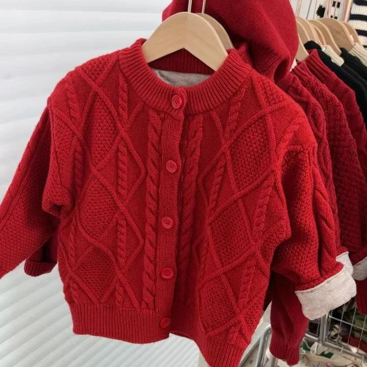 【加绒加厚】2024冬季新品儿童毛衣开衫外套洋气男童宝宝红色
