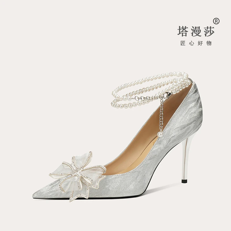 法式羊皮婚鞋新款水晶高跟鞋网红性感蝴蝶结礼服鞋单鞋