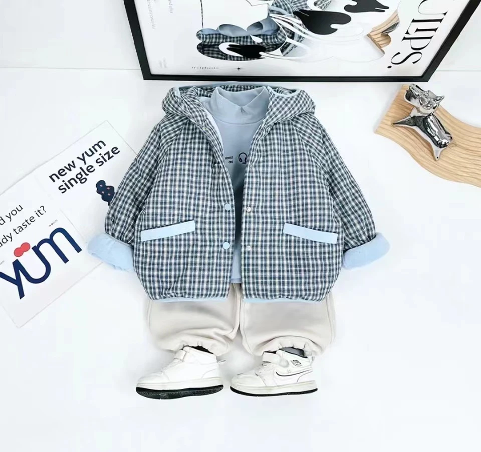 男女童简约韩版连帽棉服2024冬季新款时尚保暖加绒加棉加厚棉袄