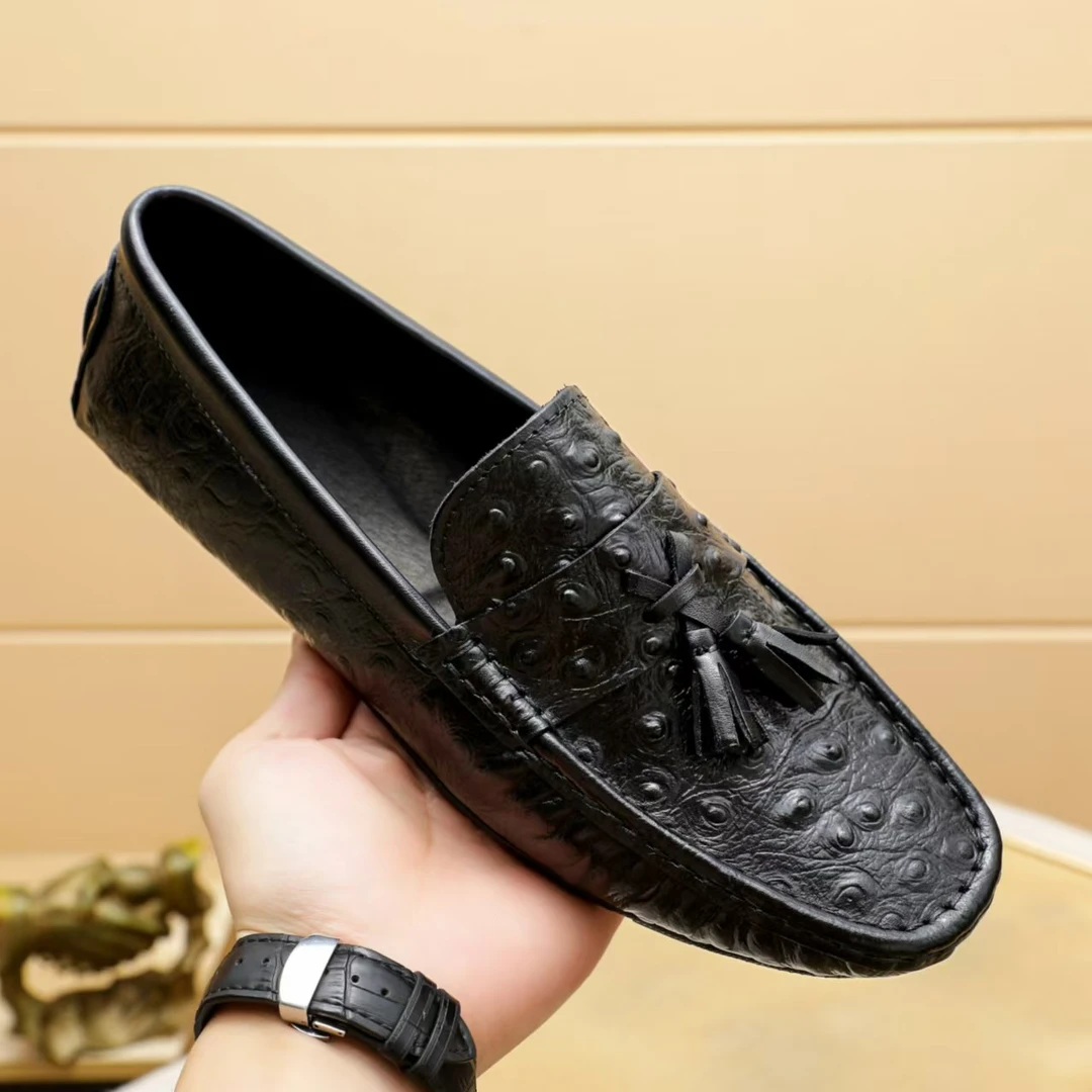 欧洲站高端新款真皮流苏鸵鸟纹男士豆豆鞋一脚蹬手工男鞋