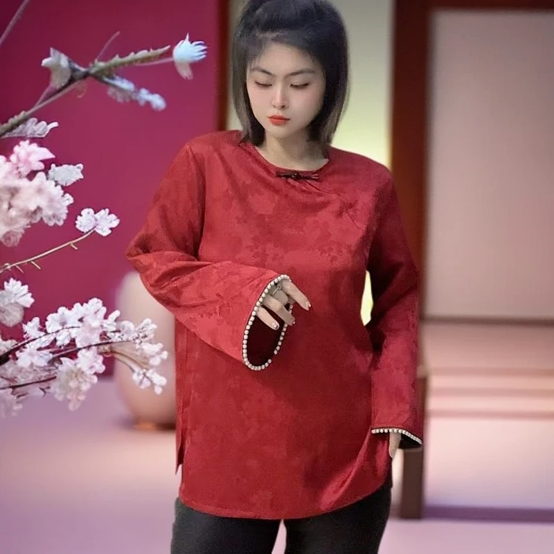 新中式珠珠时尚宽松复古提花圆领女士中国风 ~黑红百搭打底衫~