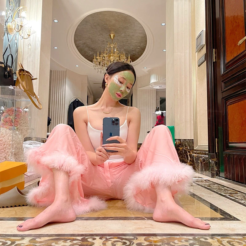 【LYVY2店】袁伶嫣粉色火炬毛吊带阔腿裤套装睡衣外穿超丝滑两件套