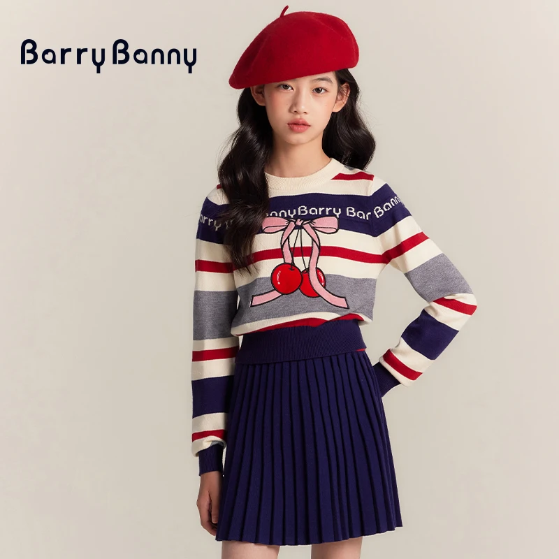 BarryBanny女童套装秋冬樱桃针织衫罗纹保暖条纹撞色加绒长袖825A