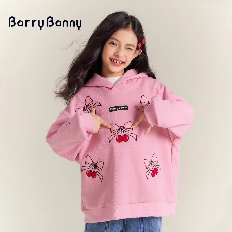 BarryBanny女童樱桃粉连帽卫衣冬季保暖中儿童蝴蝶结印花宽松上衣