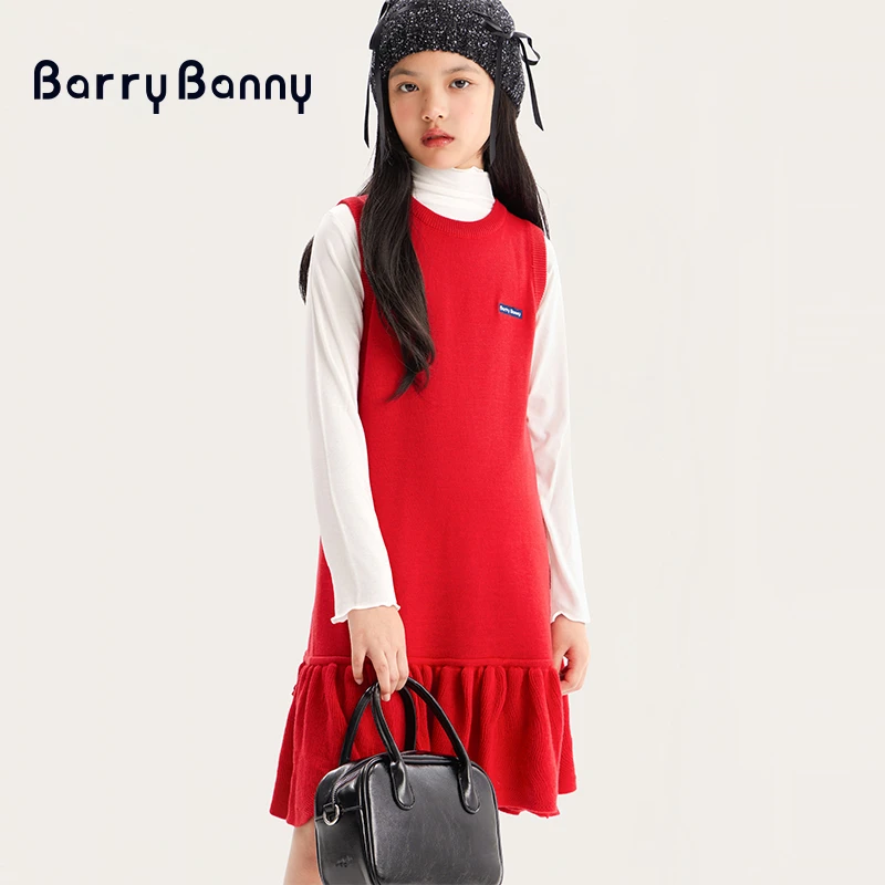 Barry Banny儿童玫瑰色系无袖连衣裙秋季新款毛织蝴蝶结背心短裙
