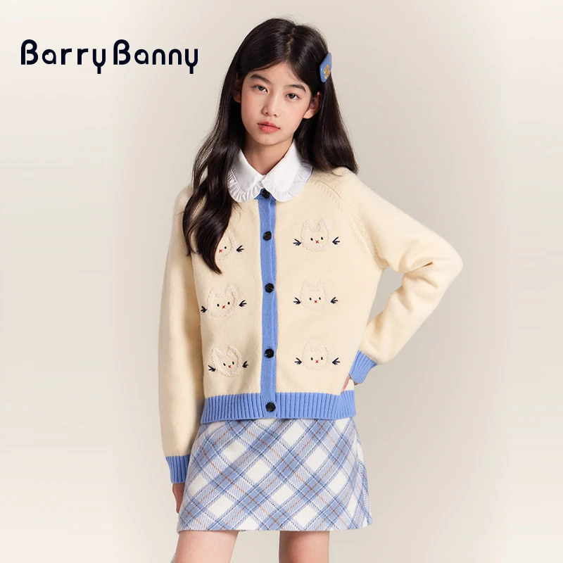 Barry Banny女童猫咪刺绣针织开衫秋冬慵懒宽松翻领毛衣外套K854