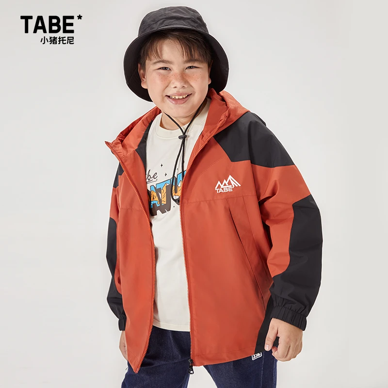 小猪托尼胖男童23秋冬新款风衣男大童上衣青少年拼接户外连帽外套