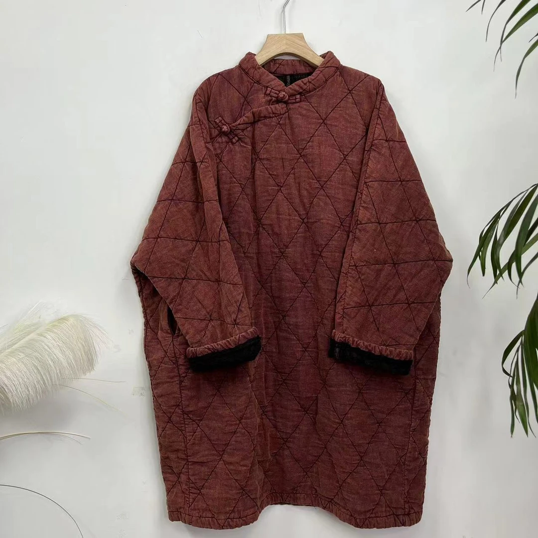 花璟原创设计款复古炒色菱形格夹棉连衣袍裙（衣长95胸围168）