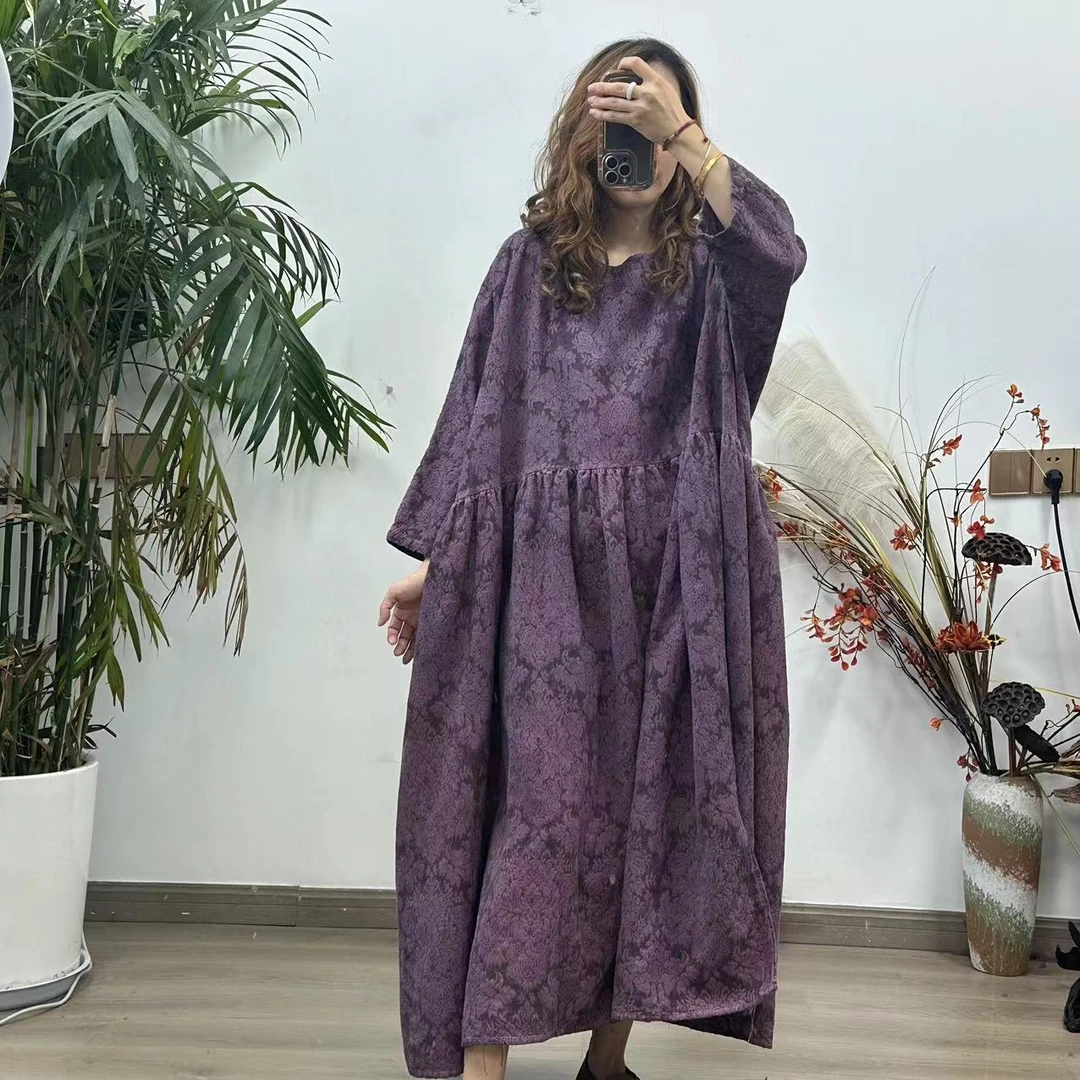 花璟原创~复古做旧设计款圆领拼接提花袍裙（衣长118胸围180）