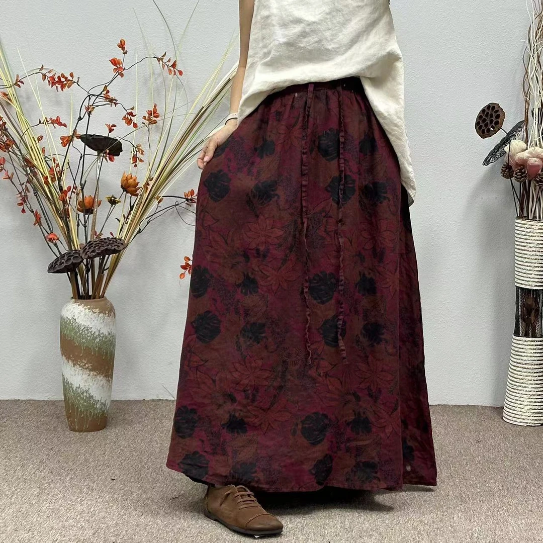 花璟原创~复古炒色做旧松紧抽绳大伞半身裙（裙长92腰围68-94）