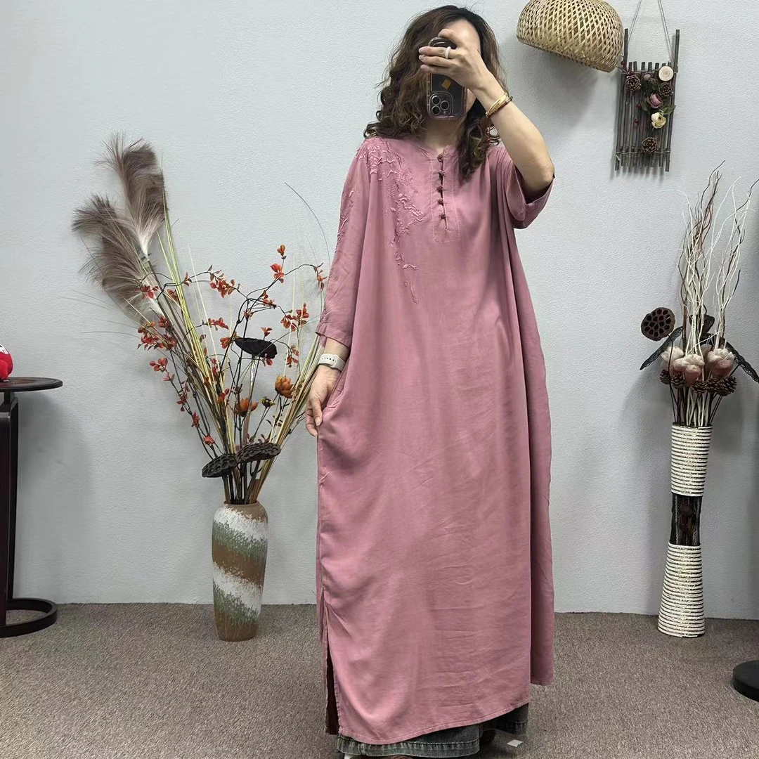 花璟原创~复古炒色做旧立领重工刺绣5粒盘扣裙袍(衣长120胸围132)