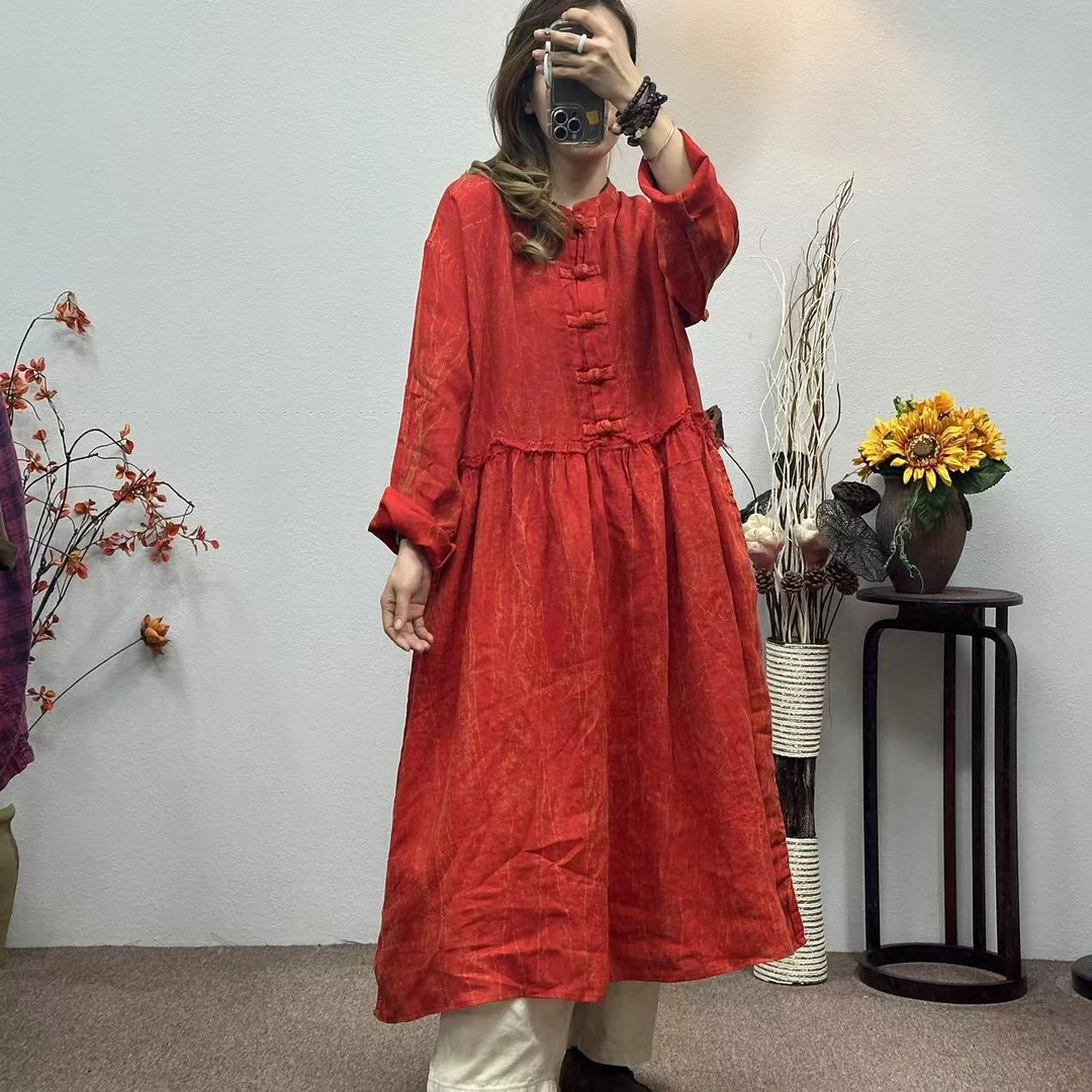 花璟与麻原创复古炒色做旧立领盘扣腰间捏褶袍裙（衣长120胸围128）
