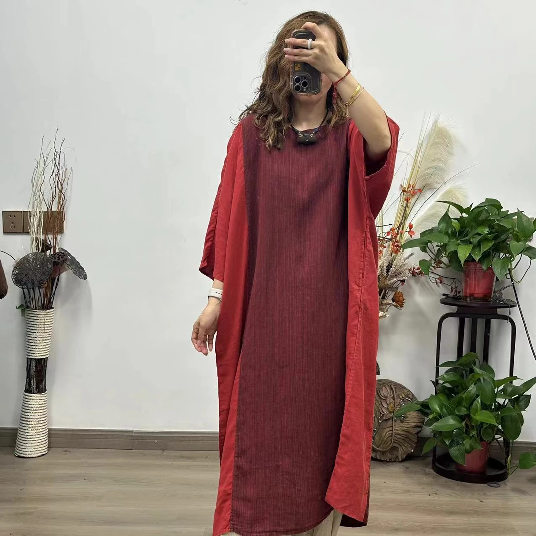 花璟原创设计复古炒色做旧条纹拼接袍裙（衣长110胸围160）