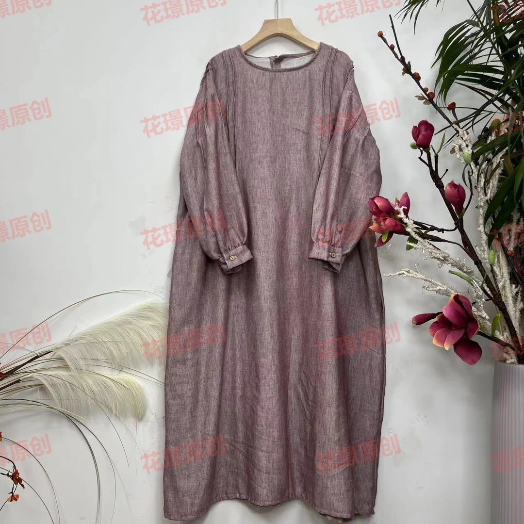 花璟原创设计复古炒色做旧捏褶连衣袍裙（衣长120胸围132）
