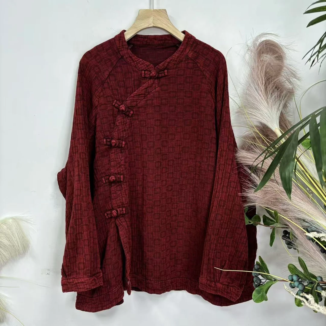 花璟原创设计复古炒色立领斜襟压纹打底小衫（衣长70胸围140）