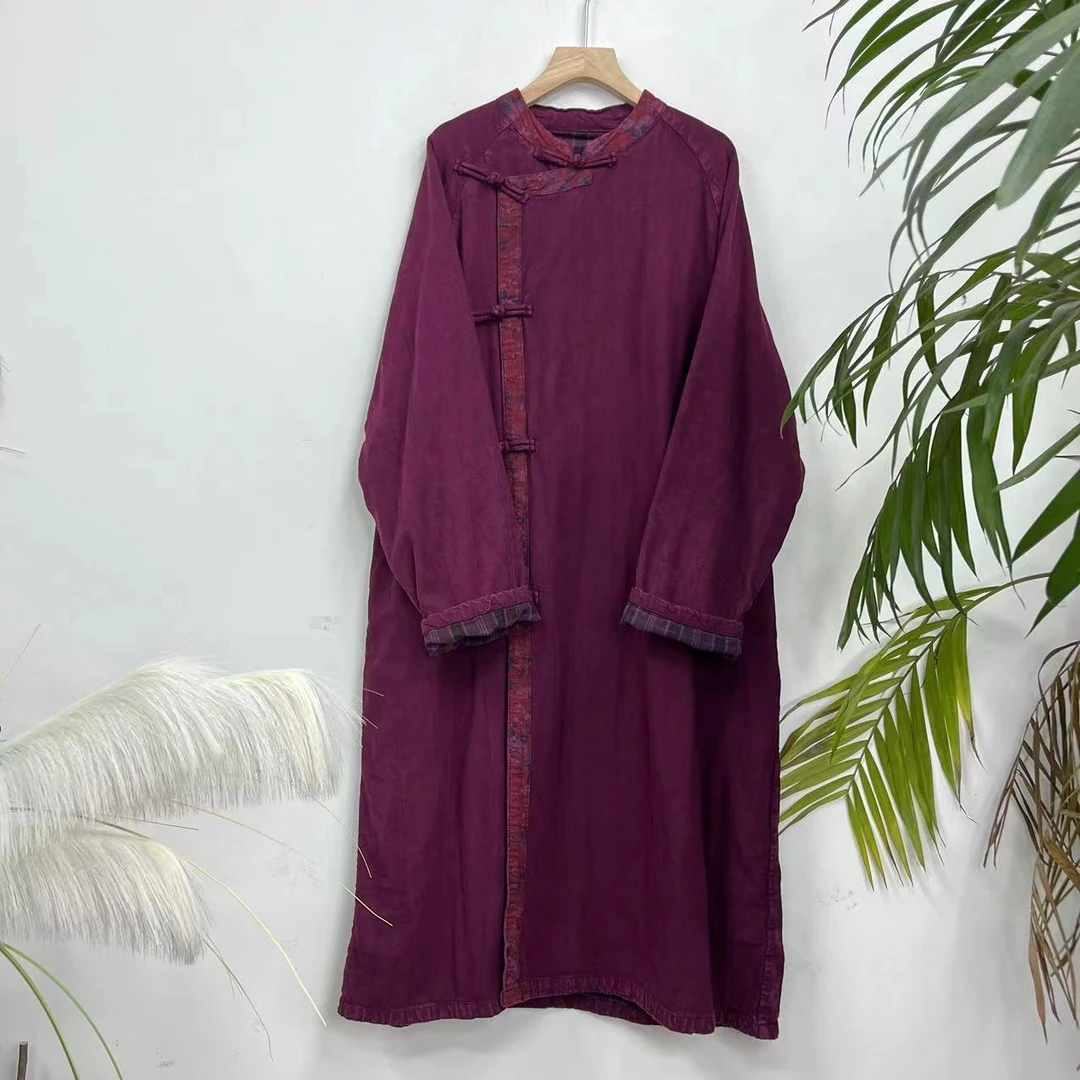 花璟原创设计炒色做旧盘扣斜襟拼接花色袍裙（衣长116胸围138）