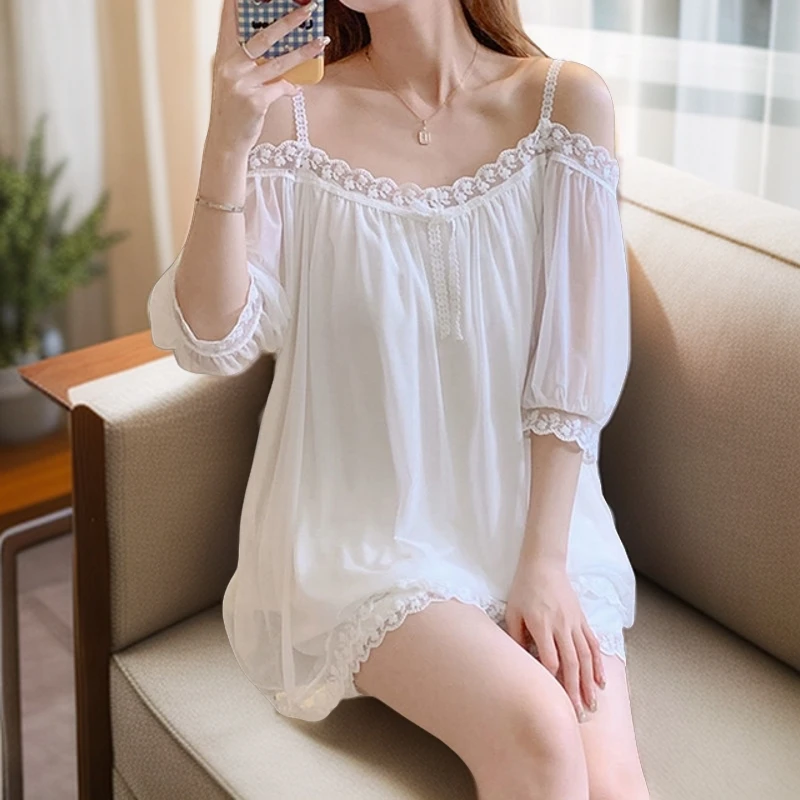 夏季一字肩公主风睡衣女套装2025新款宫廷蕾丝网纱睡衣薄款家居服