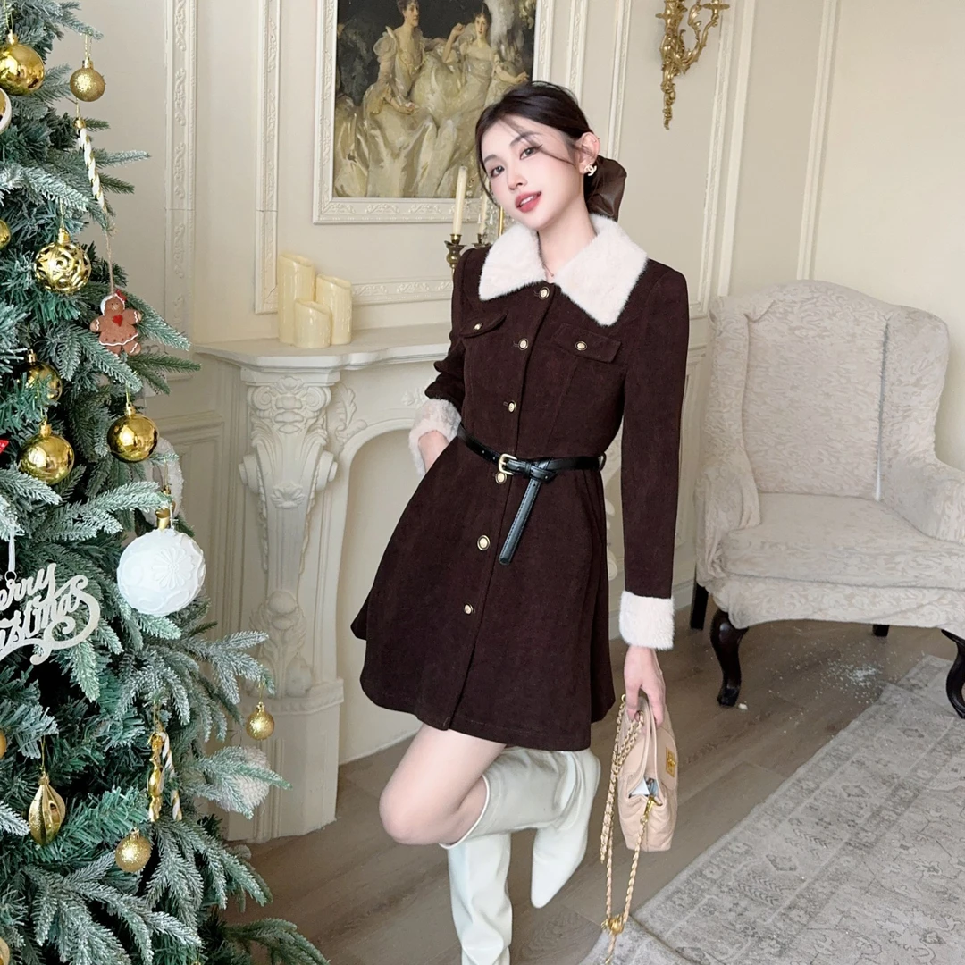 【芊朵 】 冬季毛领撞色夹棉时尚显瘦收腰百搭款气质慵懒风外套女装