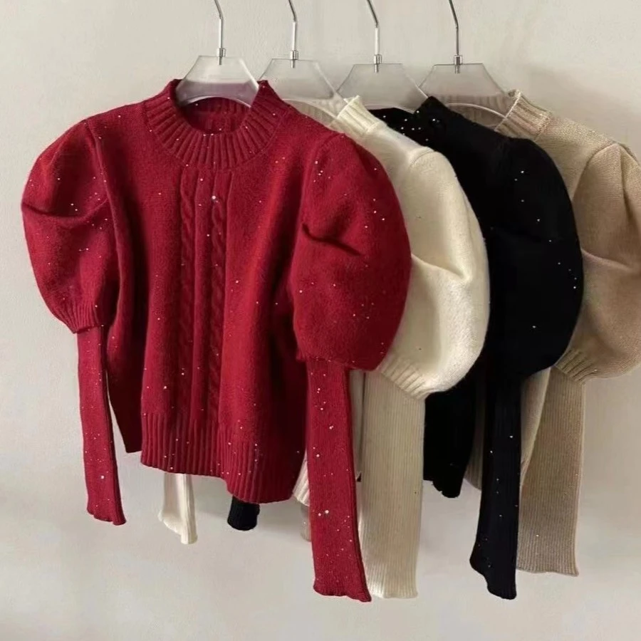 秋冬洋气泡泡袖含亮片毛衣