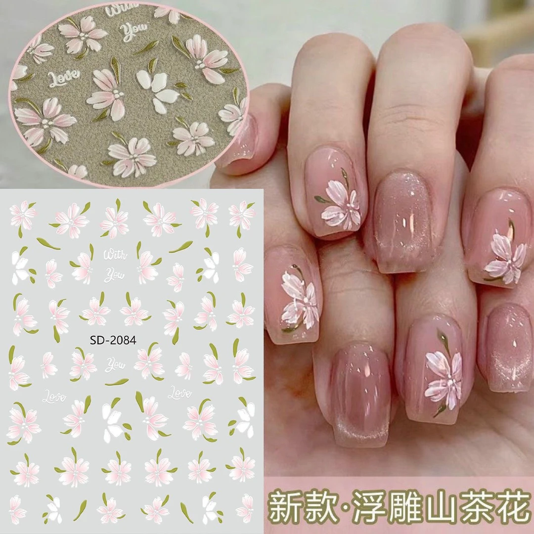 小红书热销爆款浮雕美甲贴纸粉色甜美纯欲山茶花指甲贴纸工厂批发