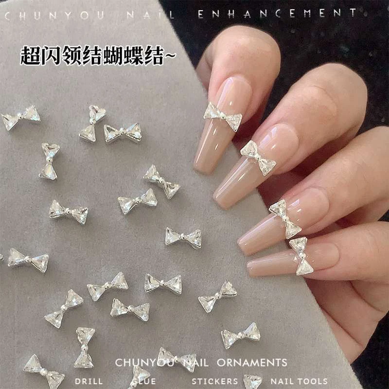 网红新款银色领结蝴蝶结美甲钻合金蝴蝶结堆钻超闪指甲装饰品